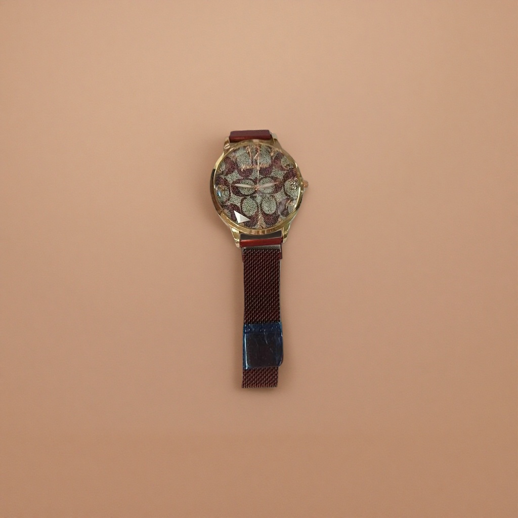 A fashionable and simple quartz watch with a golden case and a red strap Application Scenario