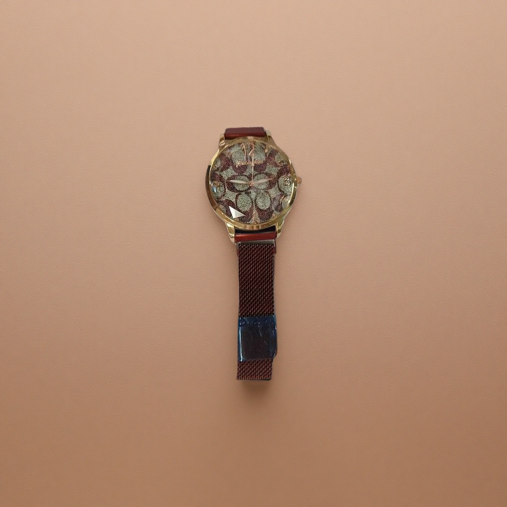 A fashionable and simple quartz watch with a golden case and a red strap details Picture