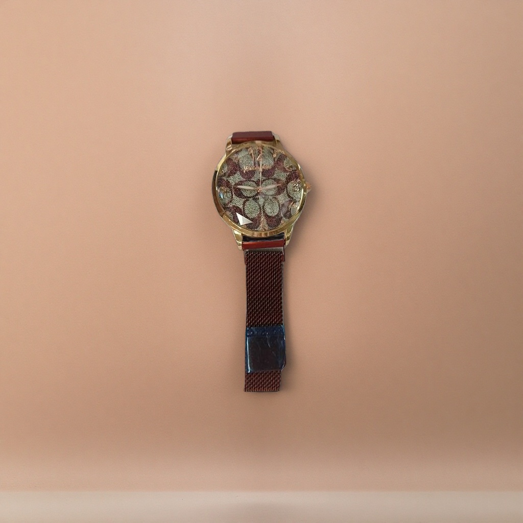 A fashionable and simple quartz watch with a golden case and a red strap Specification image