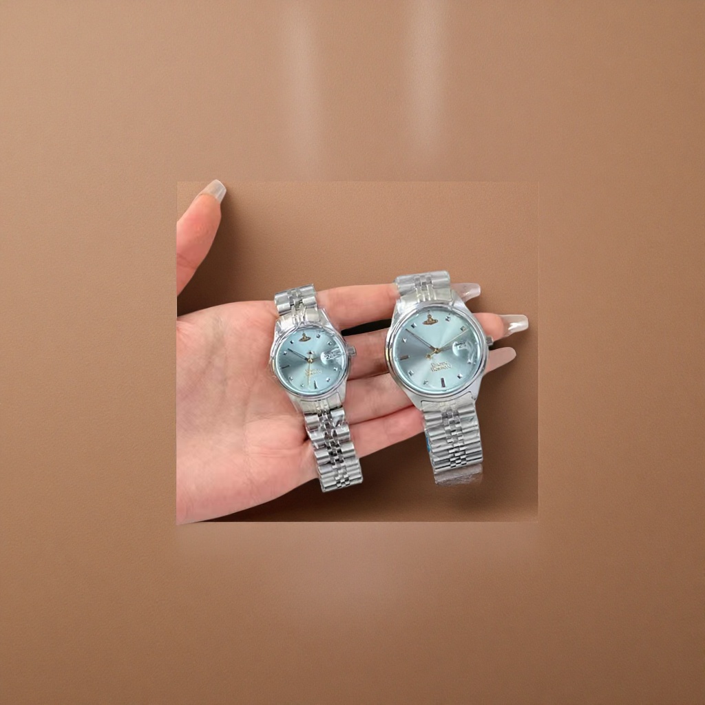 Silver watch set, unisex stainless steel strap, fashionable, business and casual details Picture