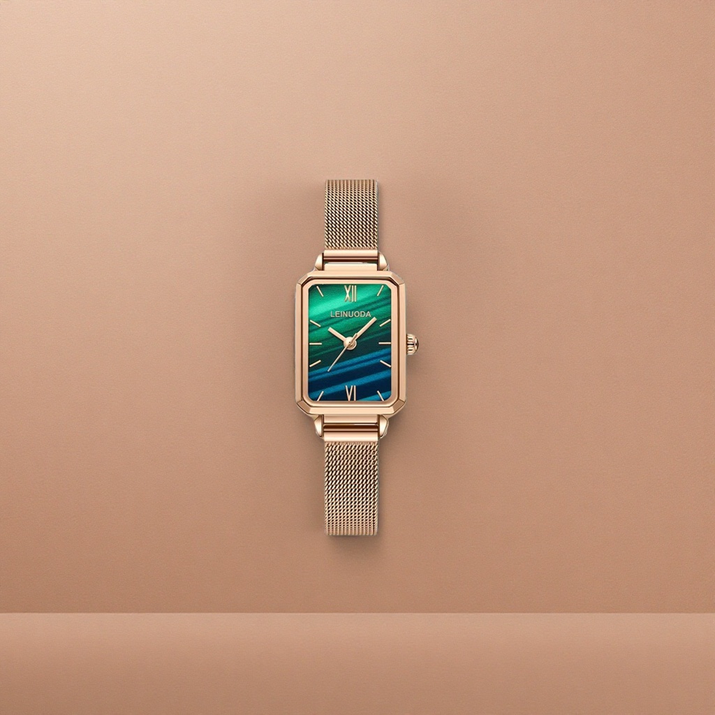 A rose gold case, strap and green glaze dial watch