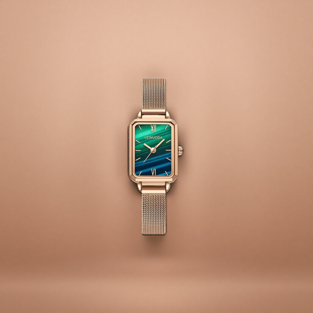 A rose gold case, strap and green glaze dial watch details Picture