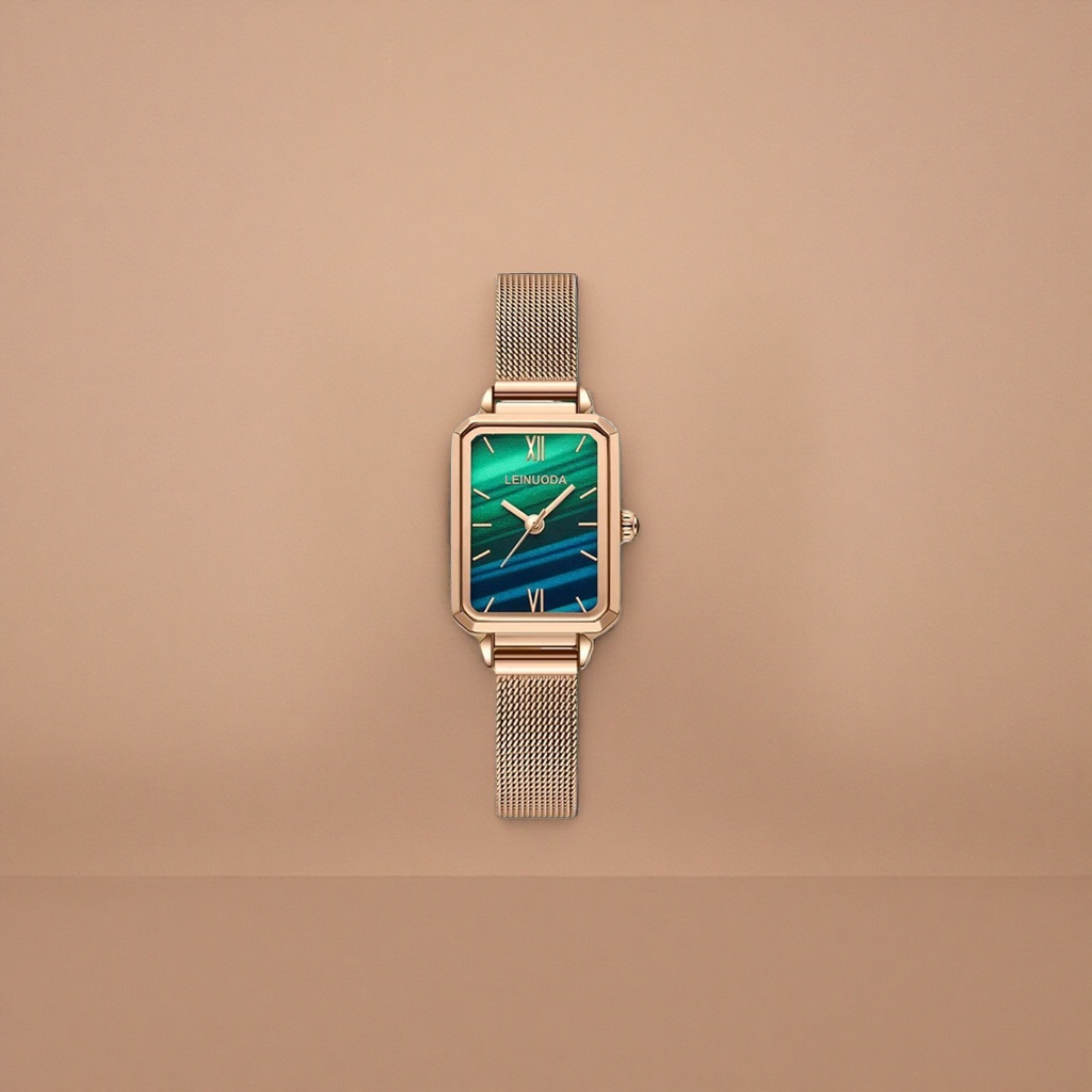 A rose gold case, strap and green glaze dial watch Application Scenario