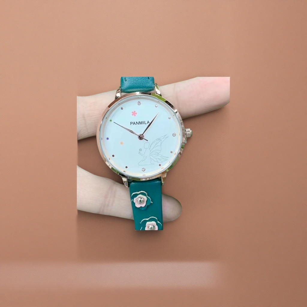 The watch features a rose gold case, a green leather strap, and is decorated with fairy patterns and colorful small flowers details Picture
