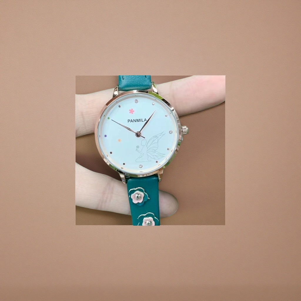 The watch features a rose gold case, a green leather strap, and is decorated with fairy patterns and colorful small flowers Application Scenario