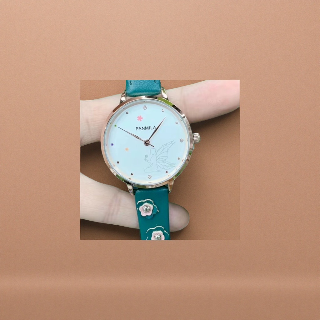 The watch features a rose gold case, a green leather strap, and is decorated with fairy patterns and colorful small flowers