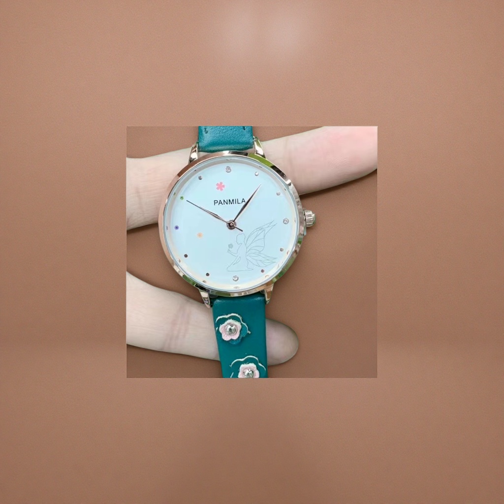 The watch features a rose gold case, a green leather strap, and is decorated with fairy patterns and colorful small flowers Specification image