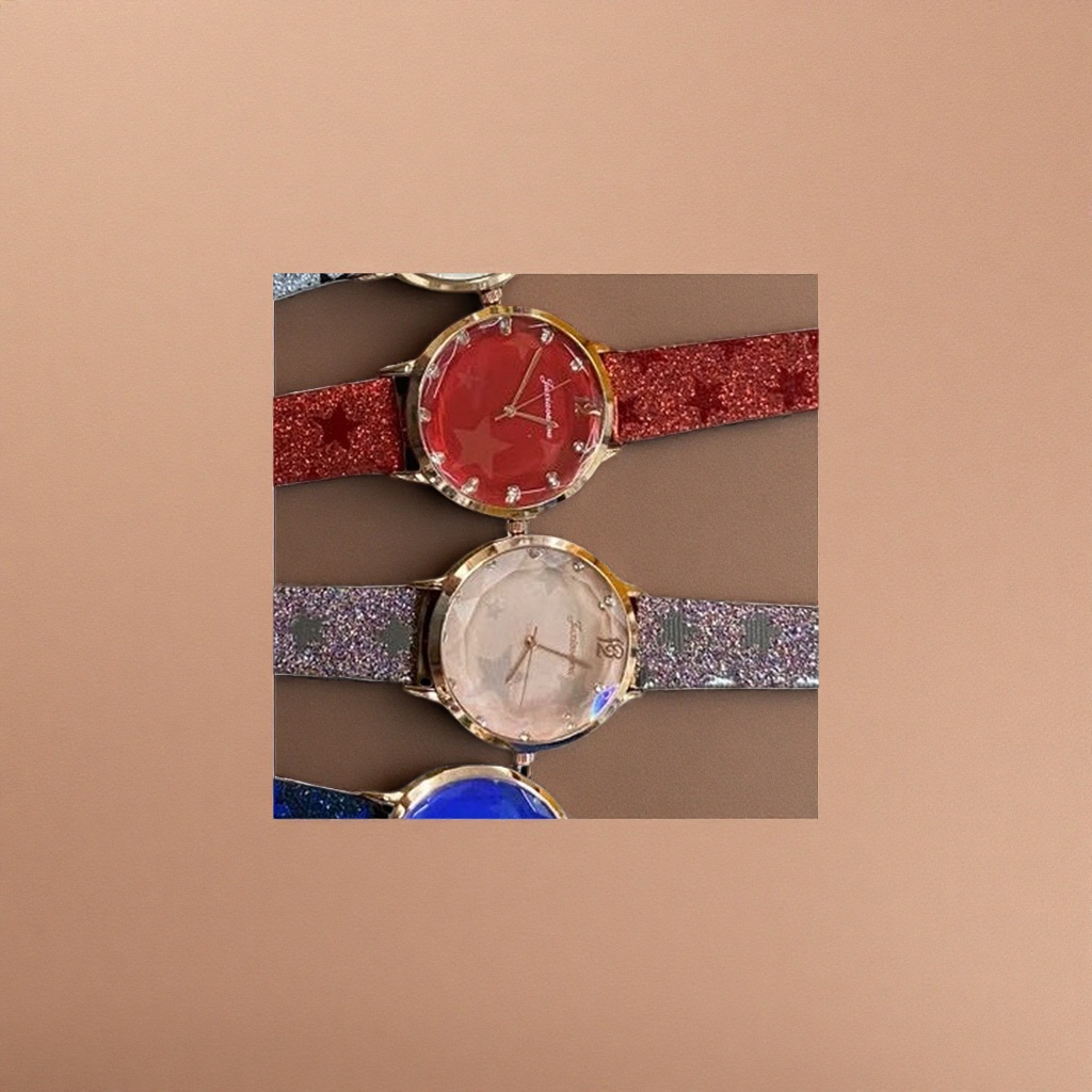 Ladies' quartz watches with red, pink and blue dials are fashionable and simple, available in three colors