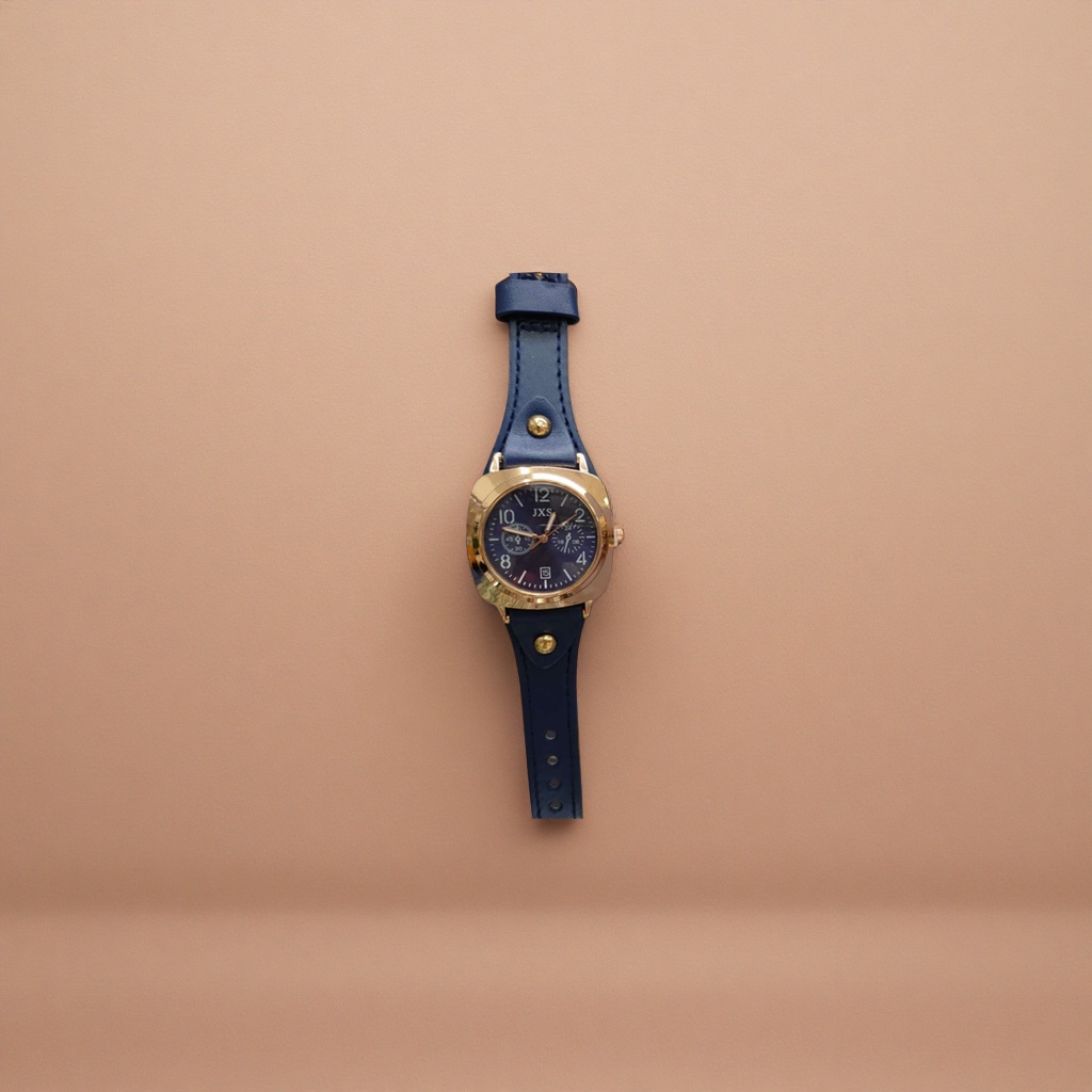 A Lady Shi Ying watch with a blue leather strap and golden bezel Specification image