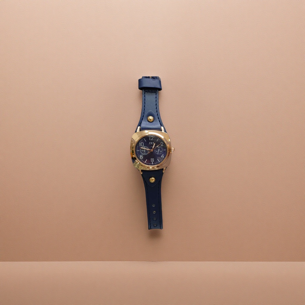 A Lady Shi Ying watch with a blue leather strap and golden bezel
