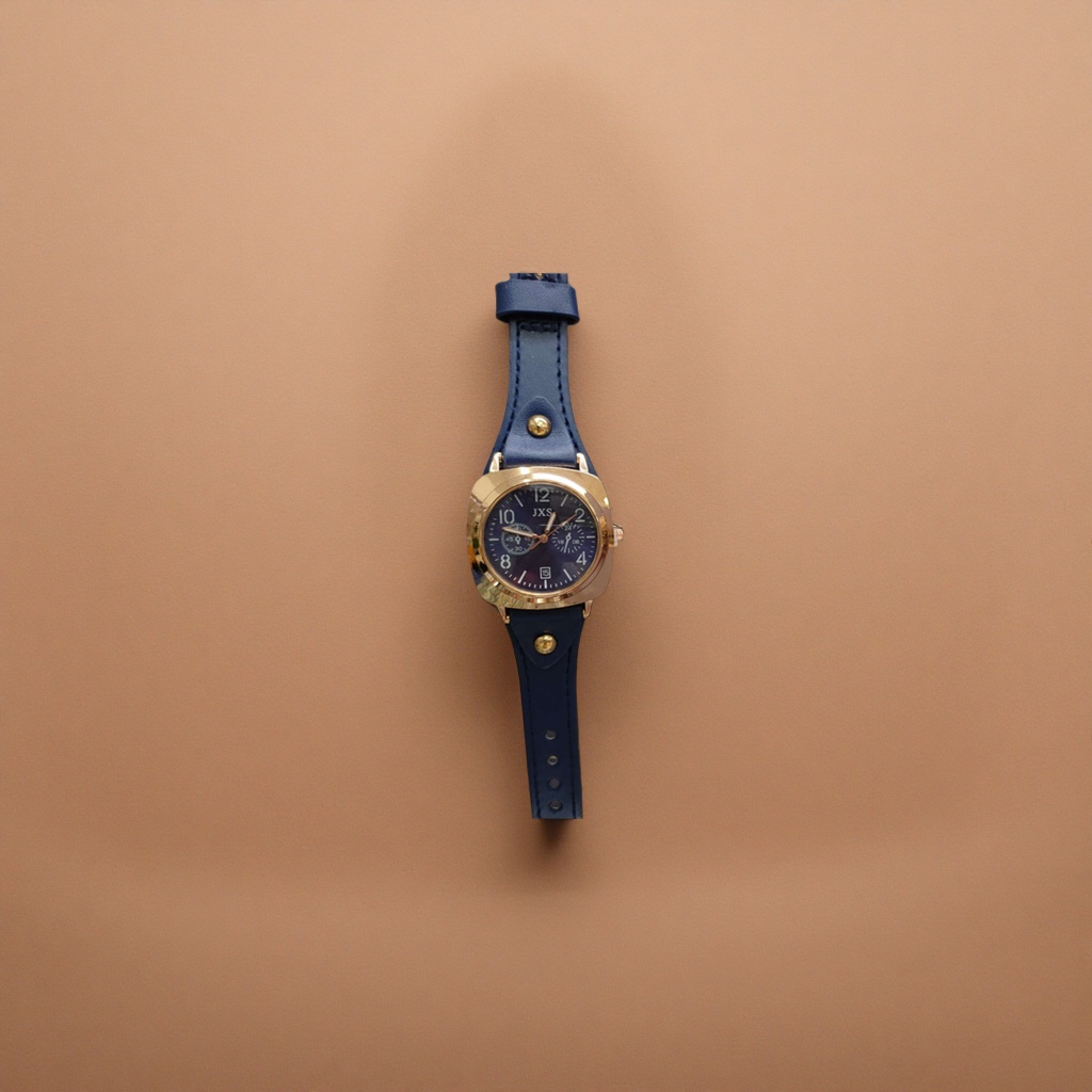 A Lady Shi Ying watch with a blue leather strap and golden bezel details Picture