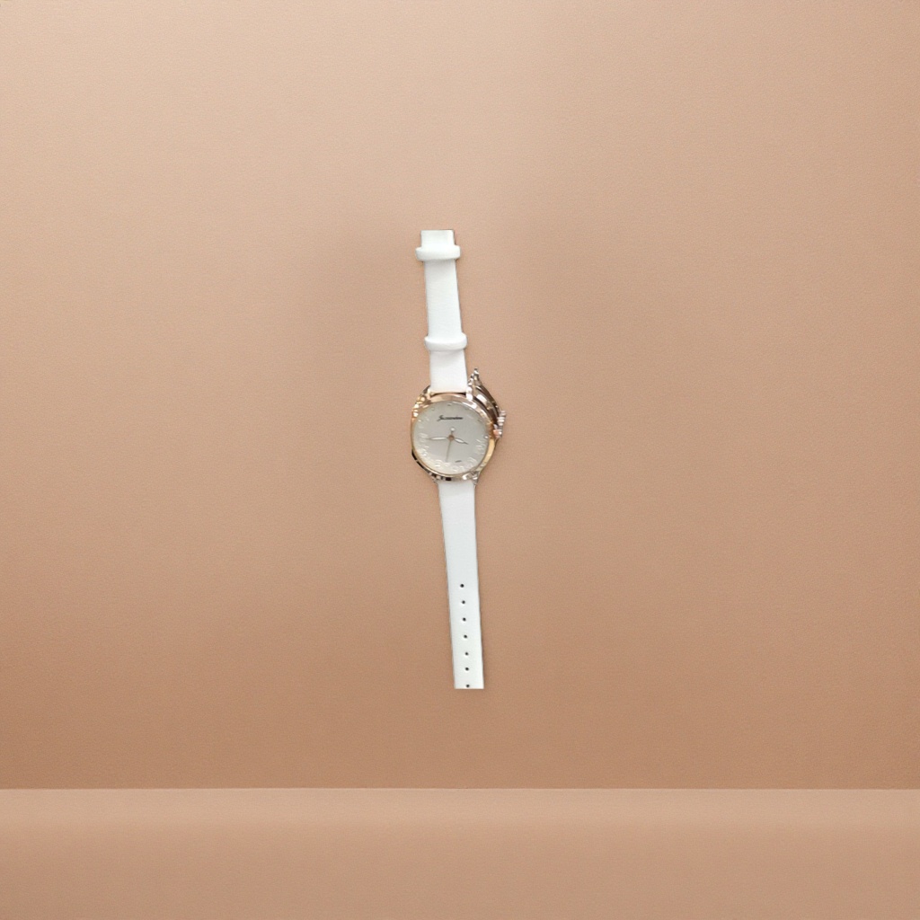 A lightweight quartz watch with a golden case and white strap, suitable for both business and casual use