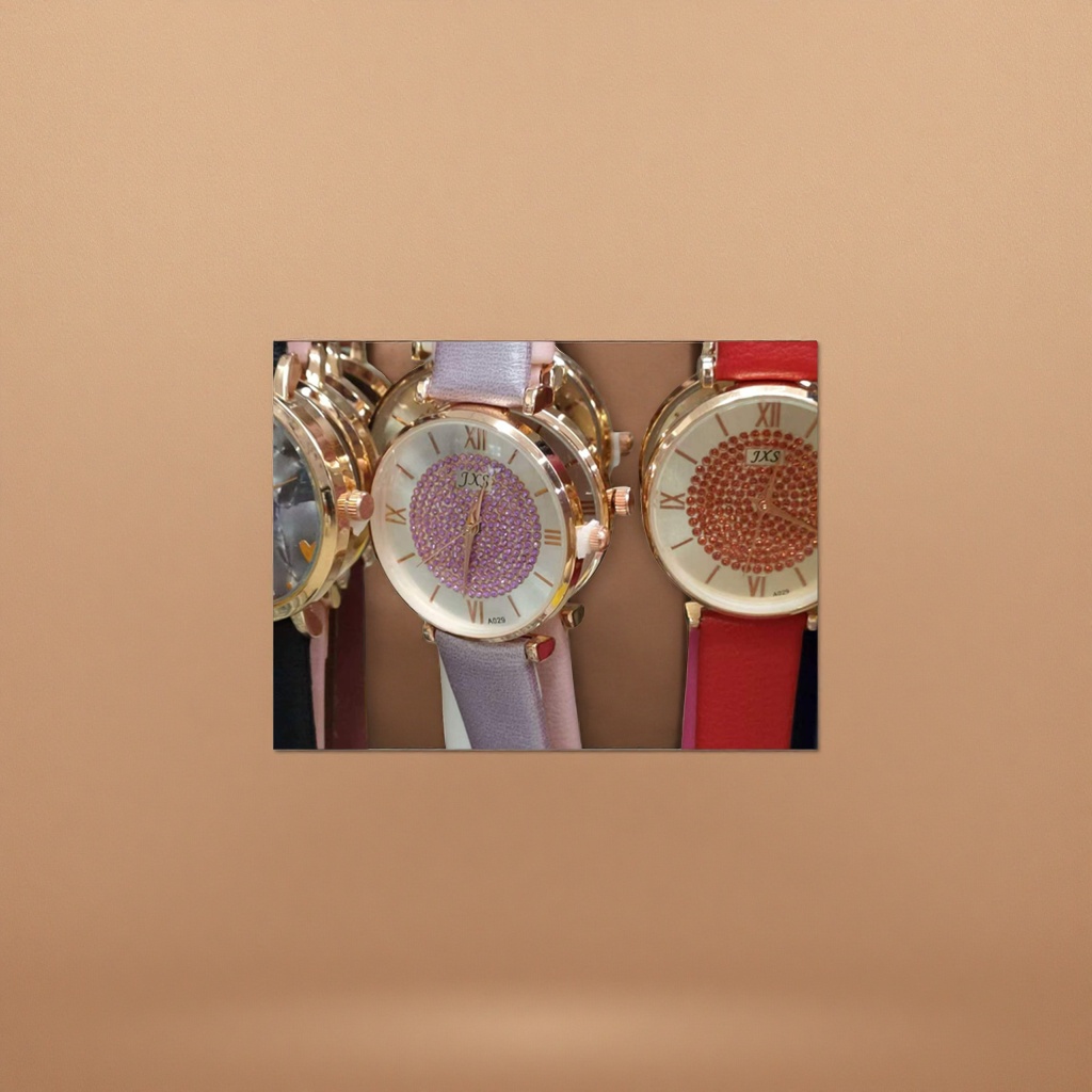 A ladies' watch with a golden case, purple strap and diamonds Specification image