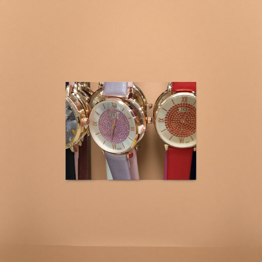 A ladies' watch with a golden case, purple strap and diamonds Application Scenario
