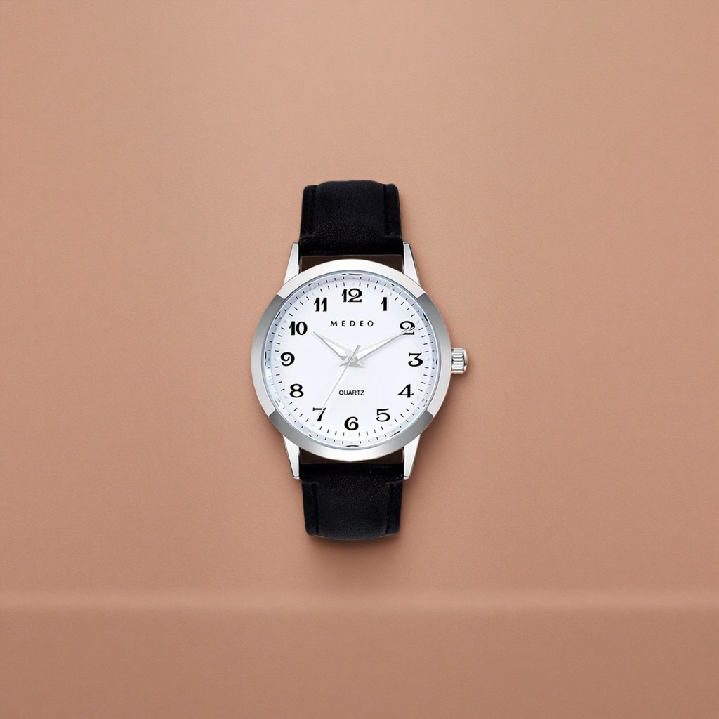 A watch with a silver case, white dial and black leather strap Application Scenario