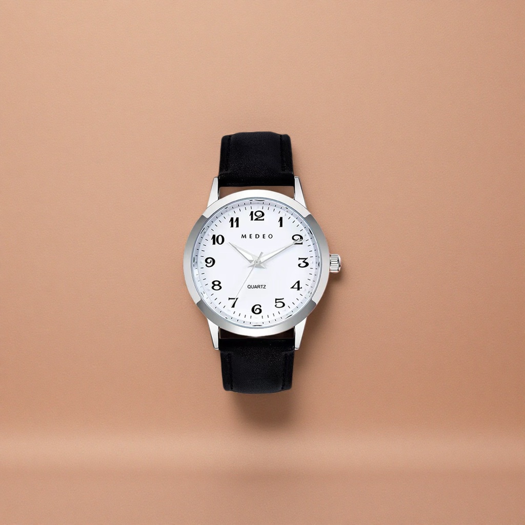 A watch with a silver case, white dial and black leather strap details Picture