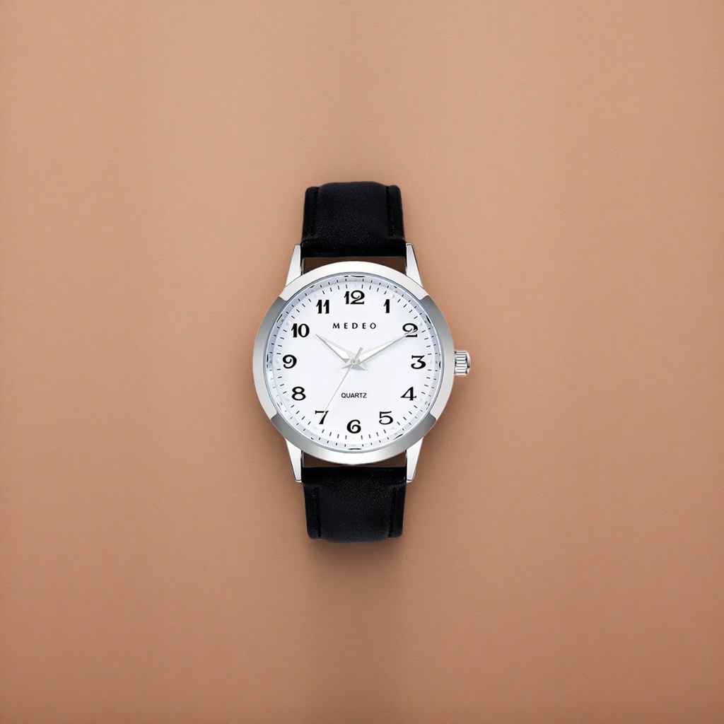 A watch with a silver case, white dial and black leather strap Specification image