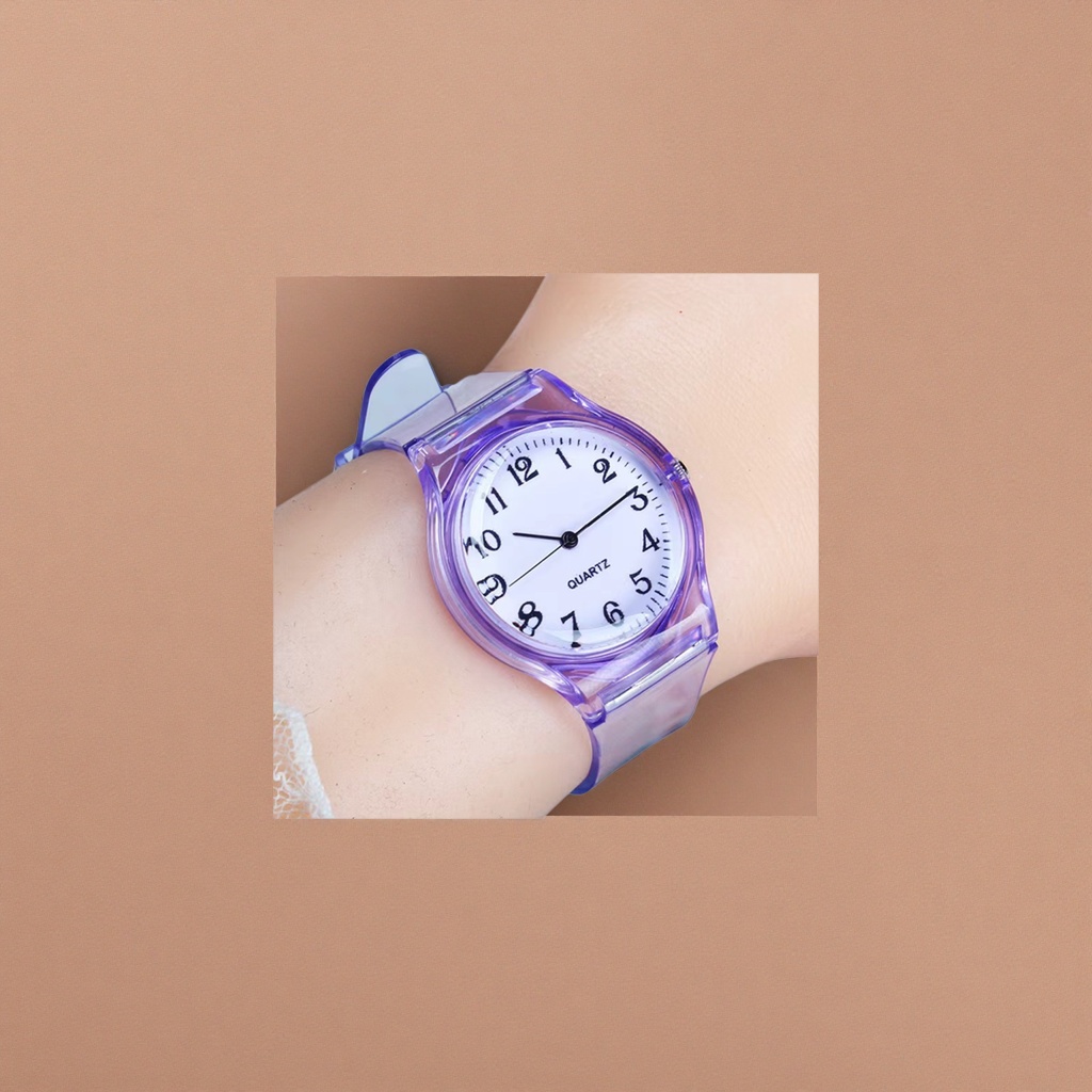 A quartz ladies' watch with a purple transparent strap