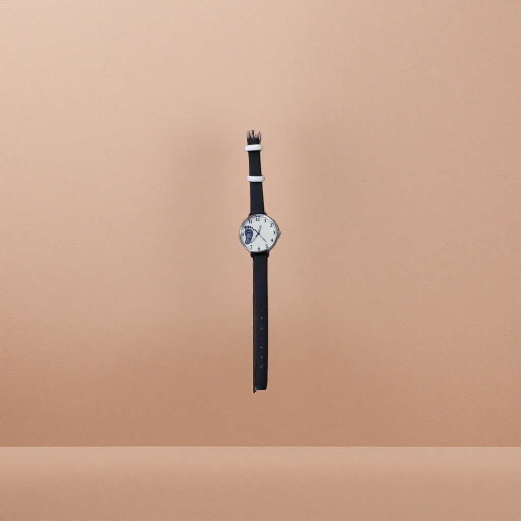 The black strap watch and the blue footprint pattern dial with the words "Walk Together"