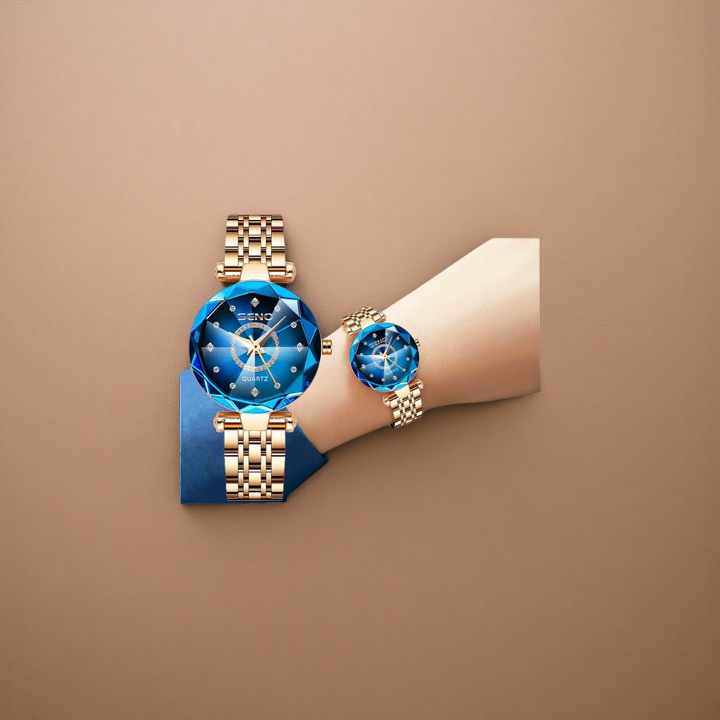 لوحة معدنية ذهبية من الألماس الأزرق مع ساعة Specification image