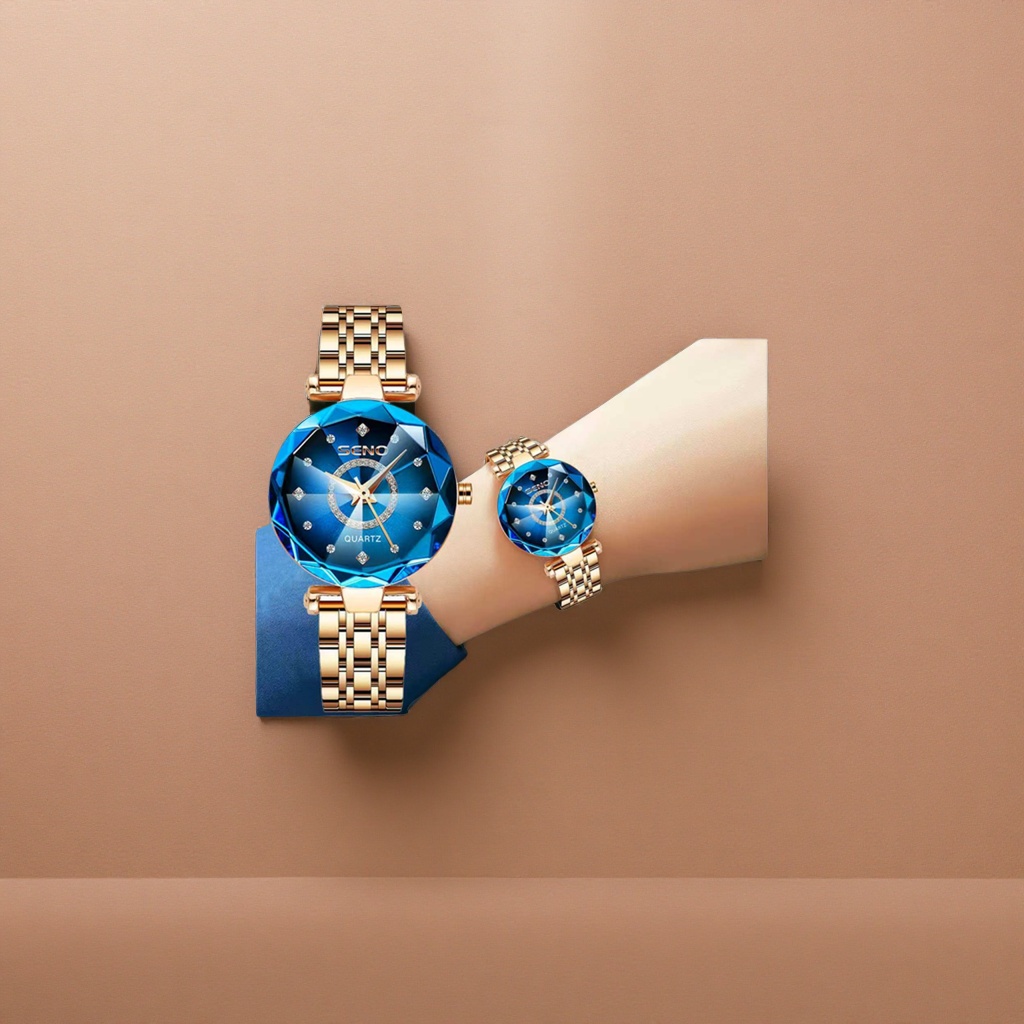 Blue diamond-cut dial and golden metal strap watch