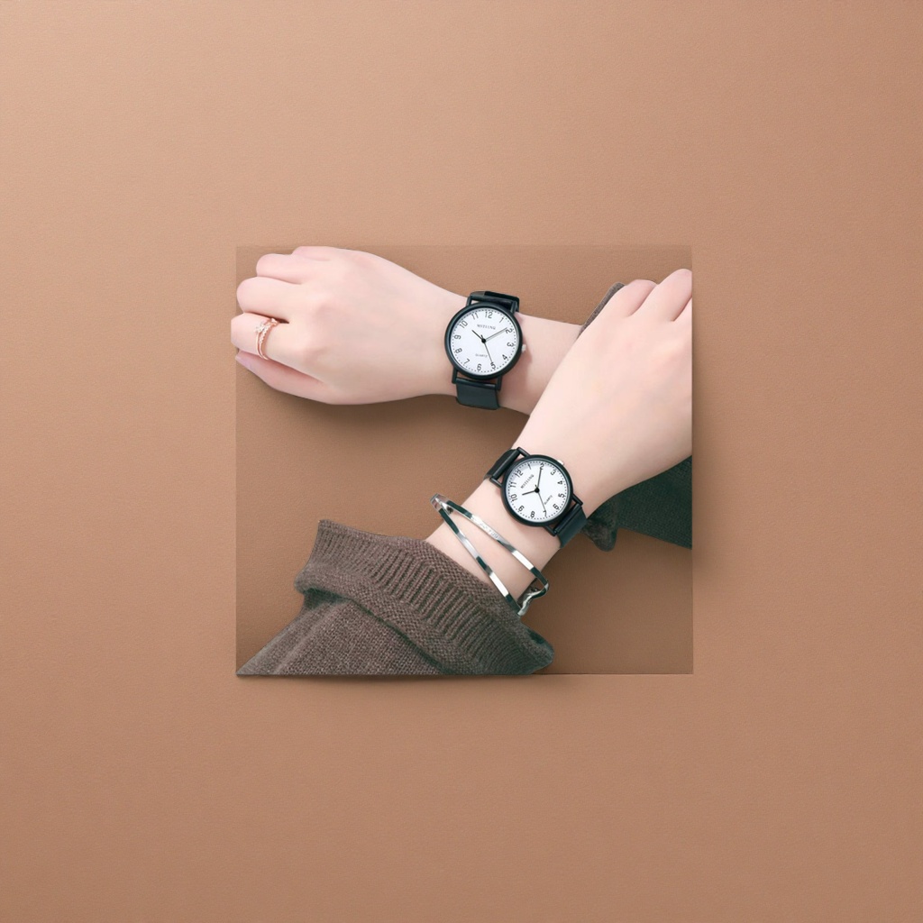 黑色表带白色表盘简约石英手表男士女士通用
