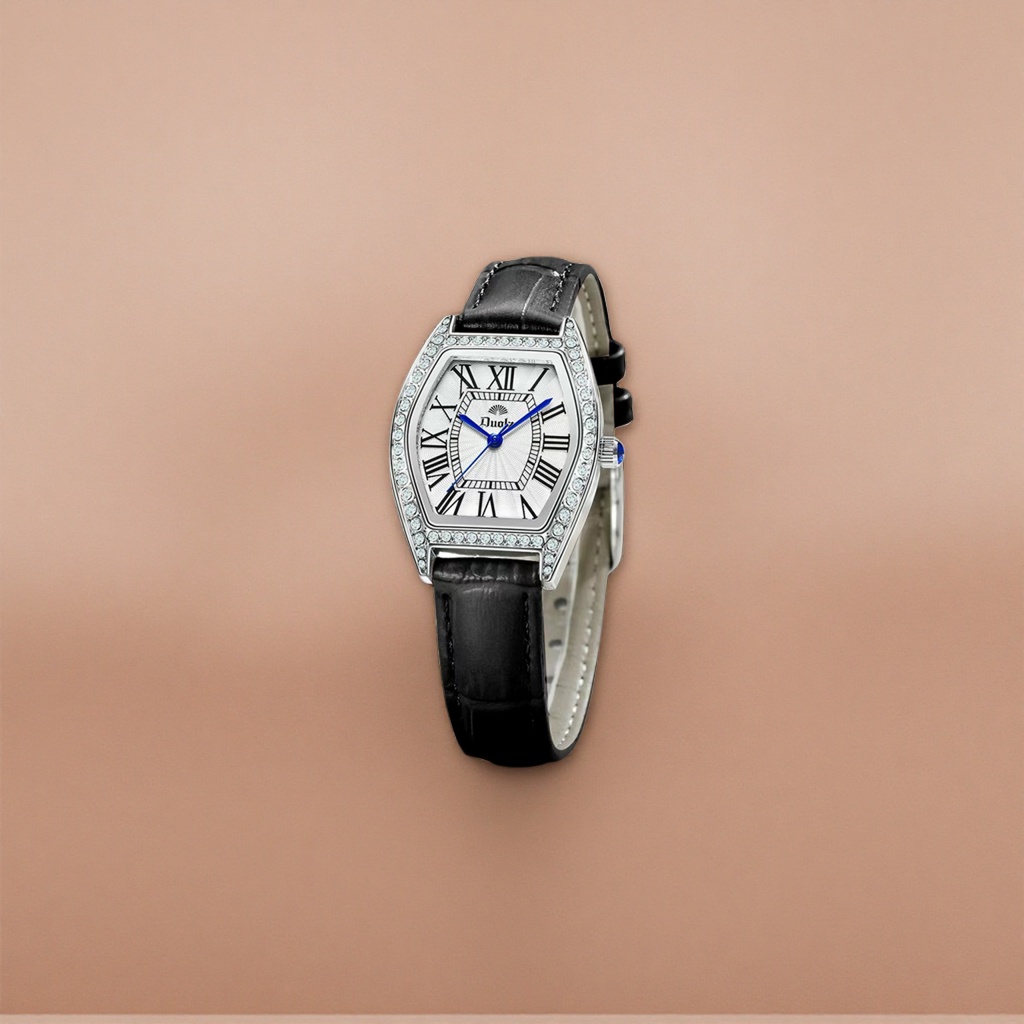 Ladies' wristwatch with diamond-encrusted bezel, silver case and black leather strap details Picture