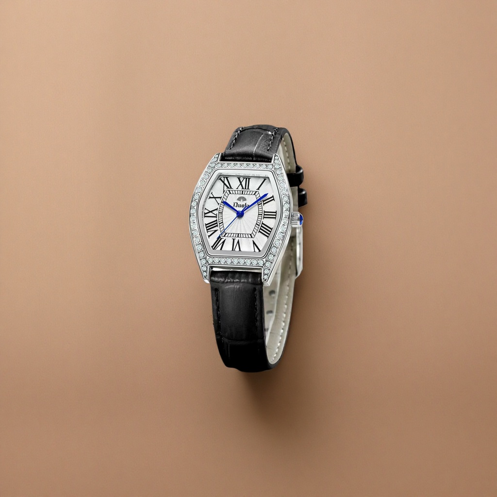 Ladies' wristwatch with diamond-encrusted bezel, silver case and black leather strap Specification image