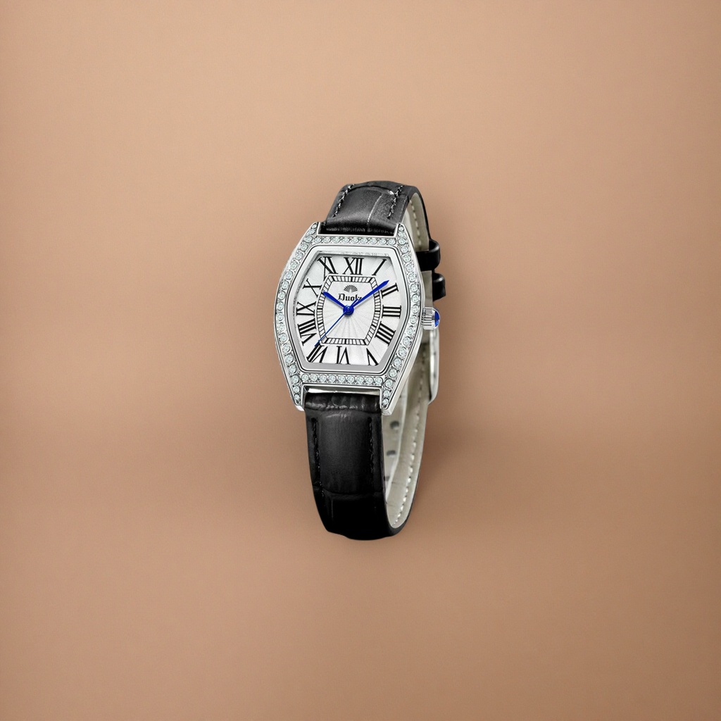 Ladies' wristwatch with diamond-encrusted bezel, silver case and black leather strap Application Scenario