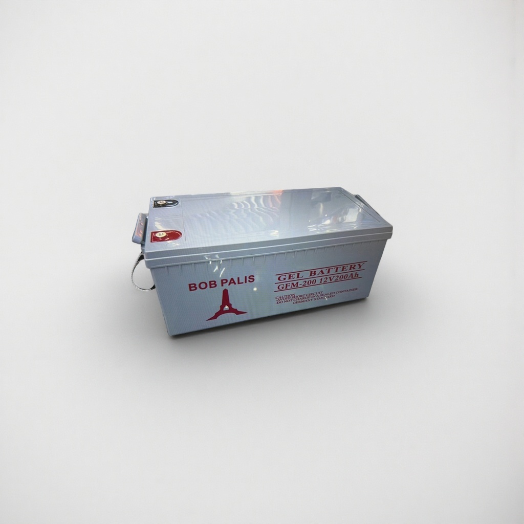 灰色胶体电池，印有“BOB PALIS”字样及埃菲尔铁塔图案，标有“GEL BATTERY GFM-200 12V200Ah”等信息产品图