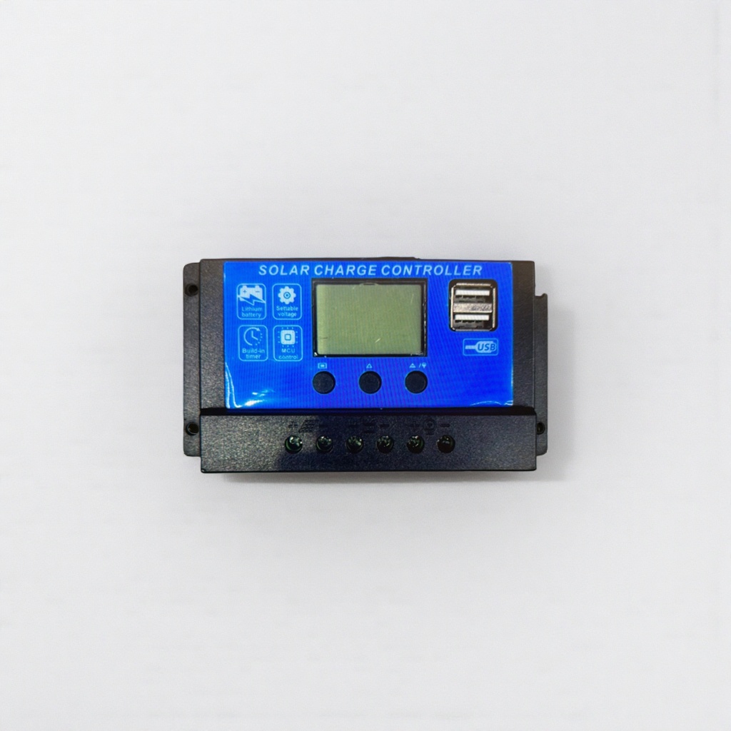The blue solar charging controller features intelligent charging and discharging protection, reverse connection and overload prevention, and is compatible with 12V and 24V