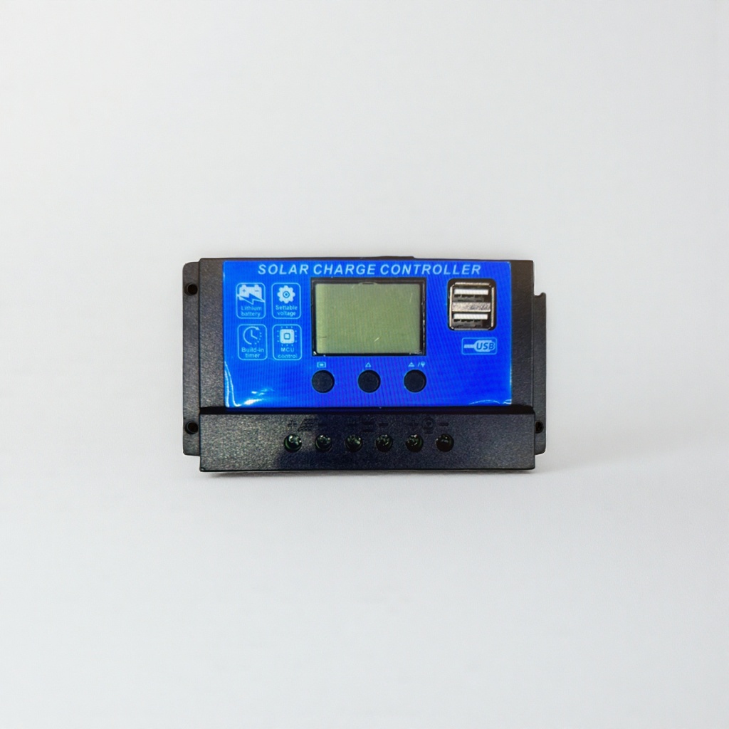 The blue solar charging controller features intelligent charging and discharging protection, reverse connection and overload prevention, and is compatible with 12V and 24V Specification image