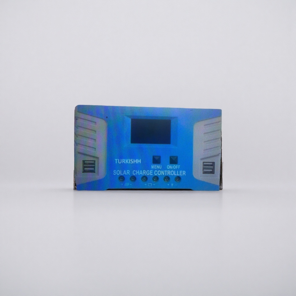 The blue solar charging controller features intelligent charging and discharging protection, with dual voltage automatic recognition of 12V and 24V Specification image