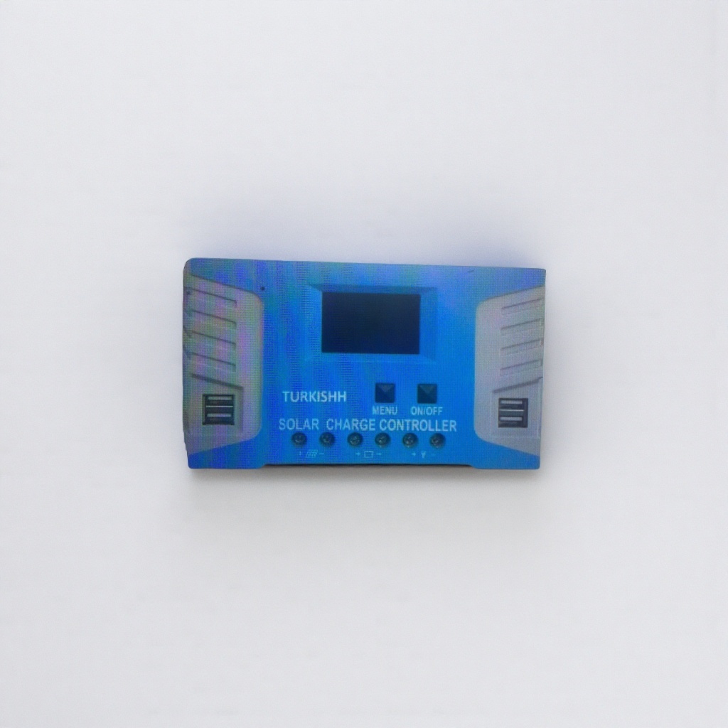 The blue solar charging controller features intelligent charging and discharging protection, with dual voltage automatic recognition of 12V and 24V