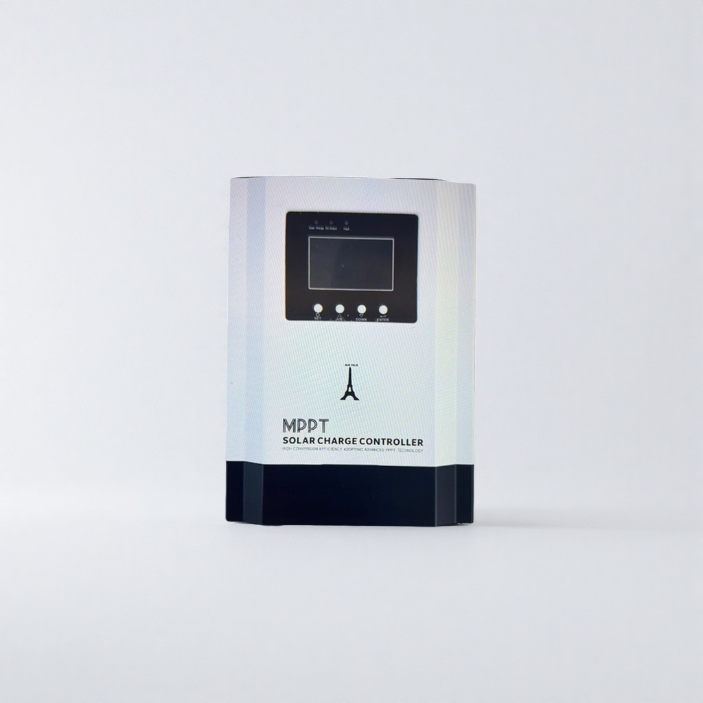 The white SOLAR CHARGE controller with a black panel screen and four buttons featuring the Eiffel Tower pattern at the bottom, MPPT SOLAR CHARGE CONTROLLE Specification image