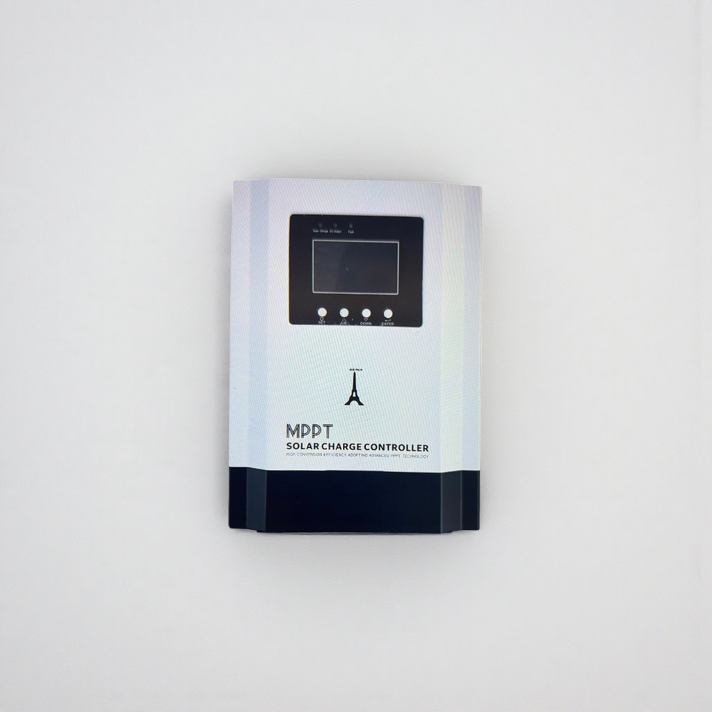 The white SOLAR CHARGE controller with a black panel screen and four buttons featuring the Eiffel Tower pattern at the bottom, MPPT SOLAR CHARGE CONTROLLE Application Scenario