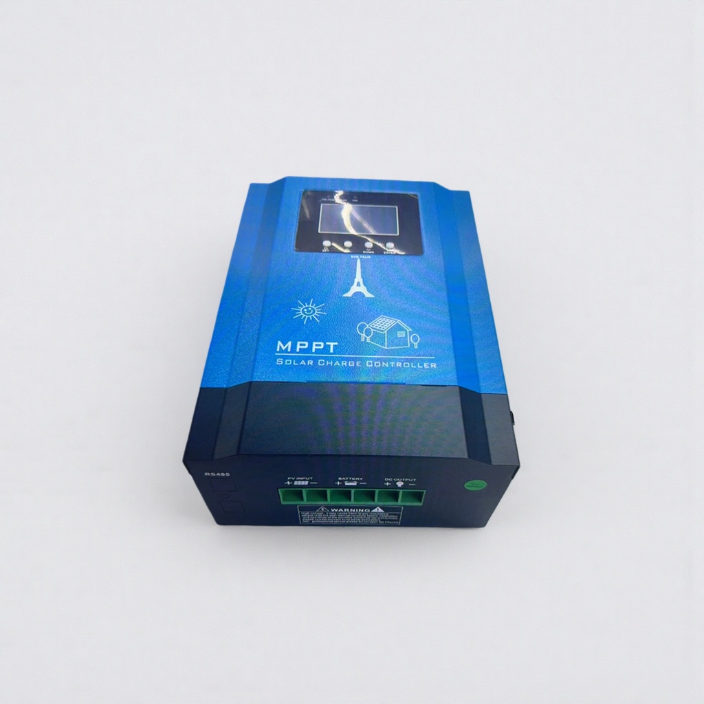 The blue solar charging controller with a waterproof housing is specially designed for outdoor photovoltaic systems and features dual voltages of 12V and 24V Specification image