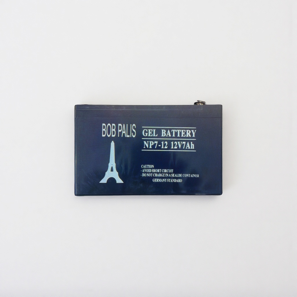 Black BOB PALIS GEL battery NP7-12 12V7Ah with white printed Eiffel Tower pattern Specification image