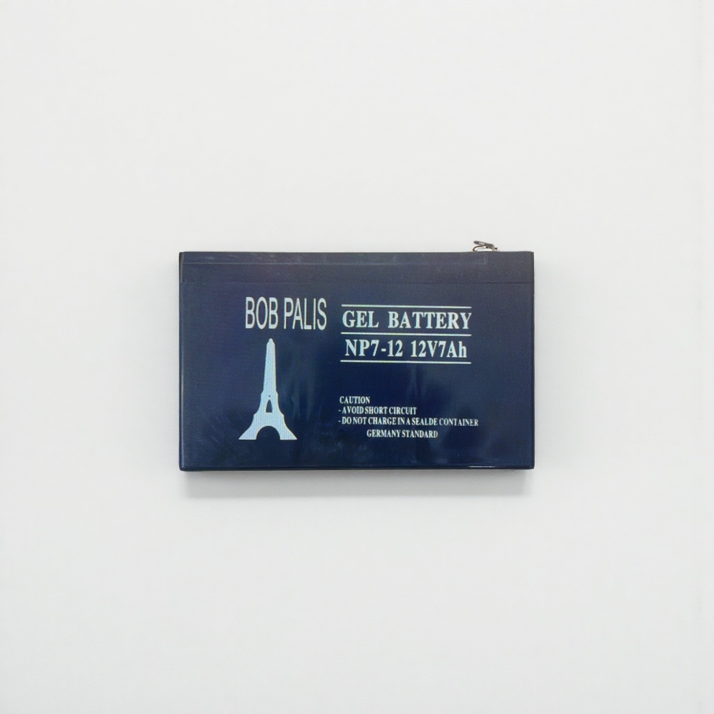 Black BOB PALIS GEL battery NP7-12 12V7Ah with white printed Eiffel Tower pattern details Picture