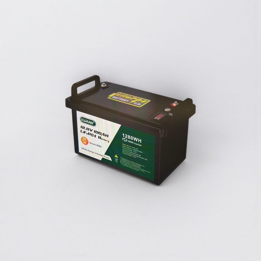 黑色锂离子电池 EiRAN 12.8V 100AH LiFePO4电池 1280WH 6000+循环 智能BMS带提手数字显示