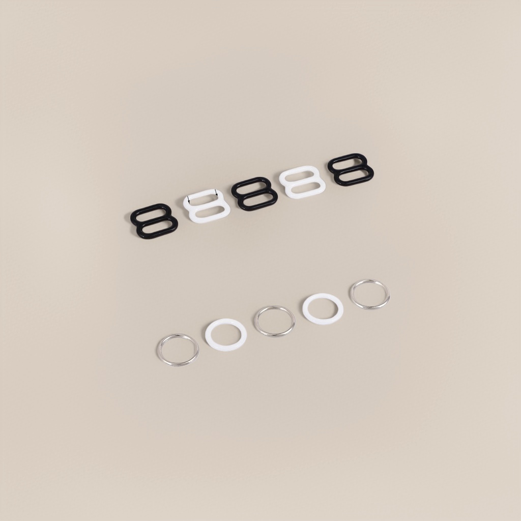 Black and white figure-eight metal fasteners, silver and white circular ring accessories details Picture