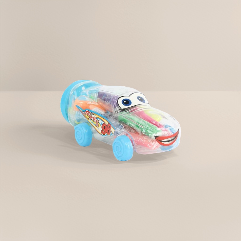 透明车形玩具内含彩色笔具蓝色轮子车头卡通眼睛红嘴