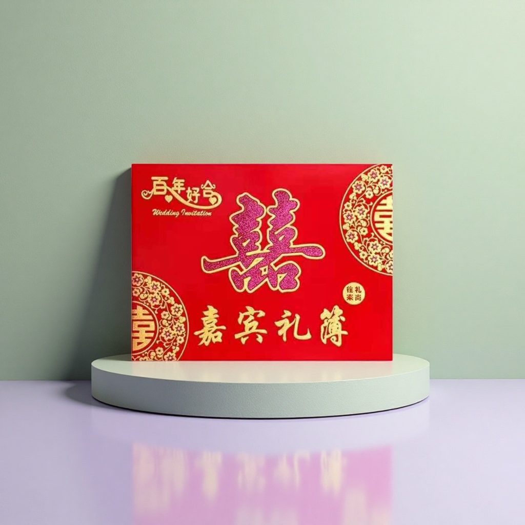 红色喜庆婚礼请柬 28cm×21cm 中央紫色闪粉囍字 金色嘉宾礼簿 百年好合WeddingInvitation 往礼乘尚圆章 金色花卉团寿纹