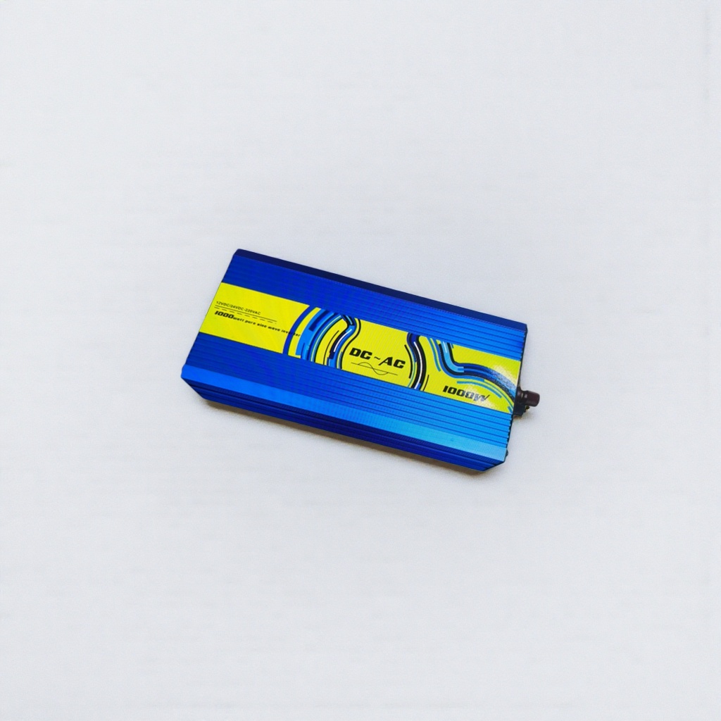 Blue 1000W pure sine wave inverter with yellow stripes for car and household use, converting DC to AC