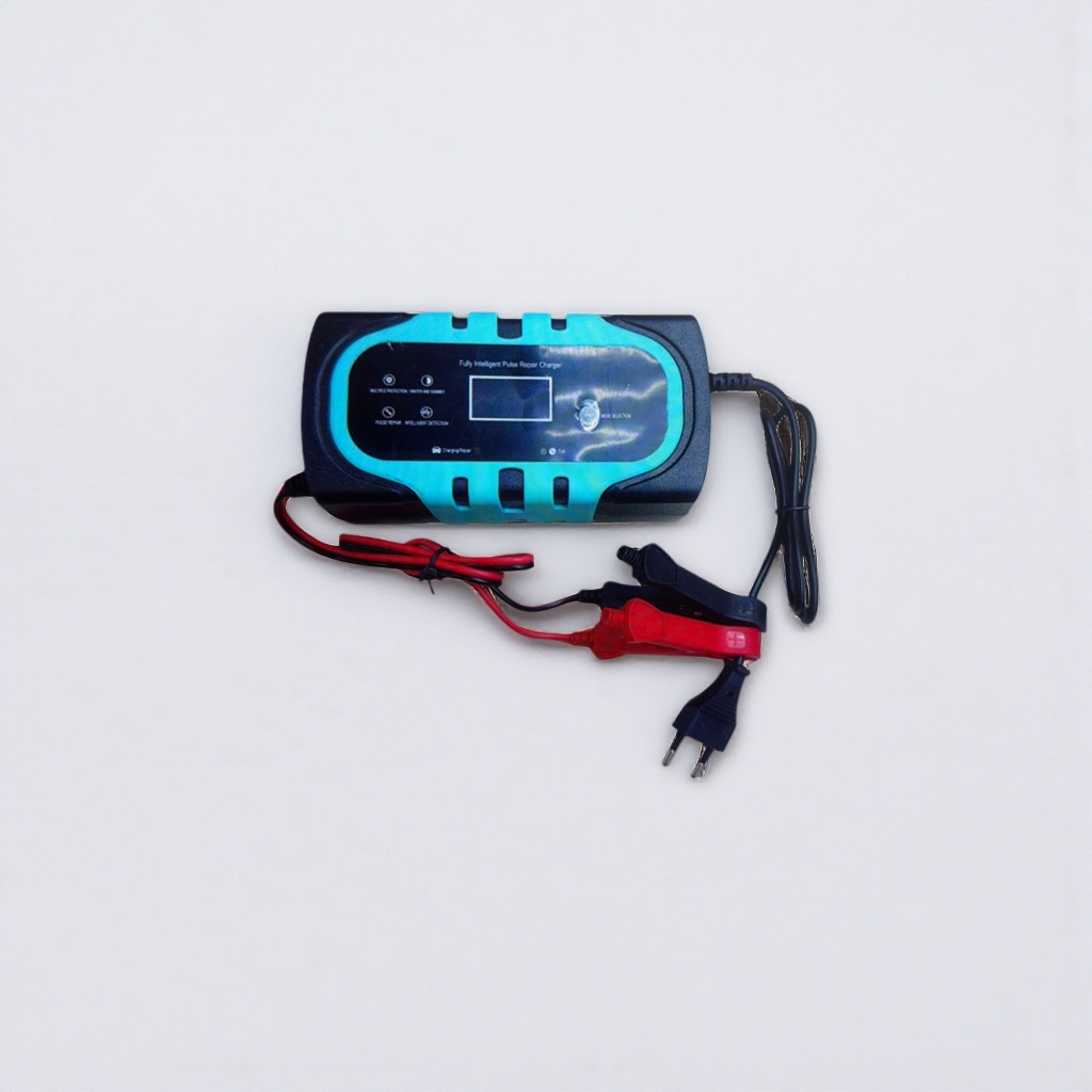Blue and black alternating intelligent pulse repair charger with red and black clip power plug Specification image