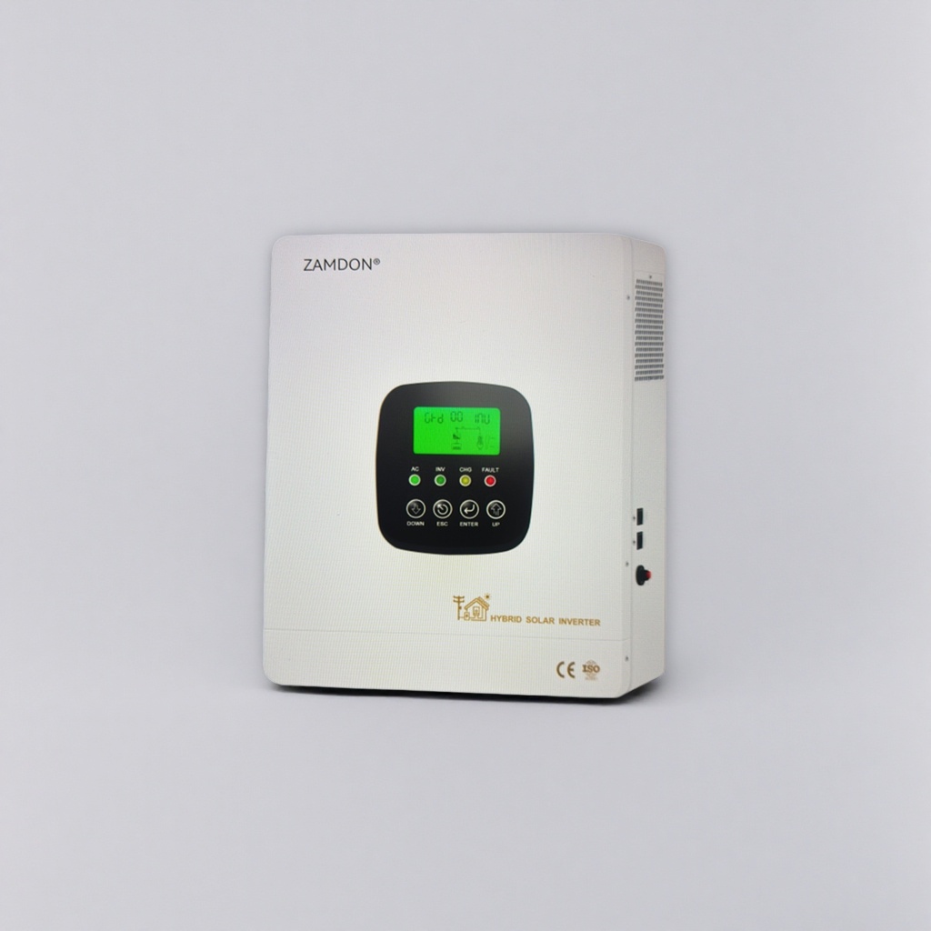 ZAMDON white hybrid solar inverter with green display, four function indicator lights and four buttons Specification image