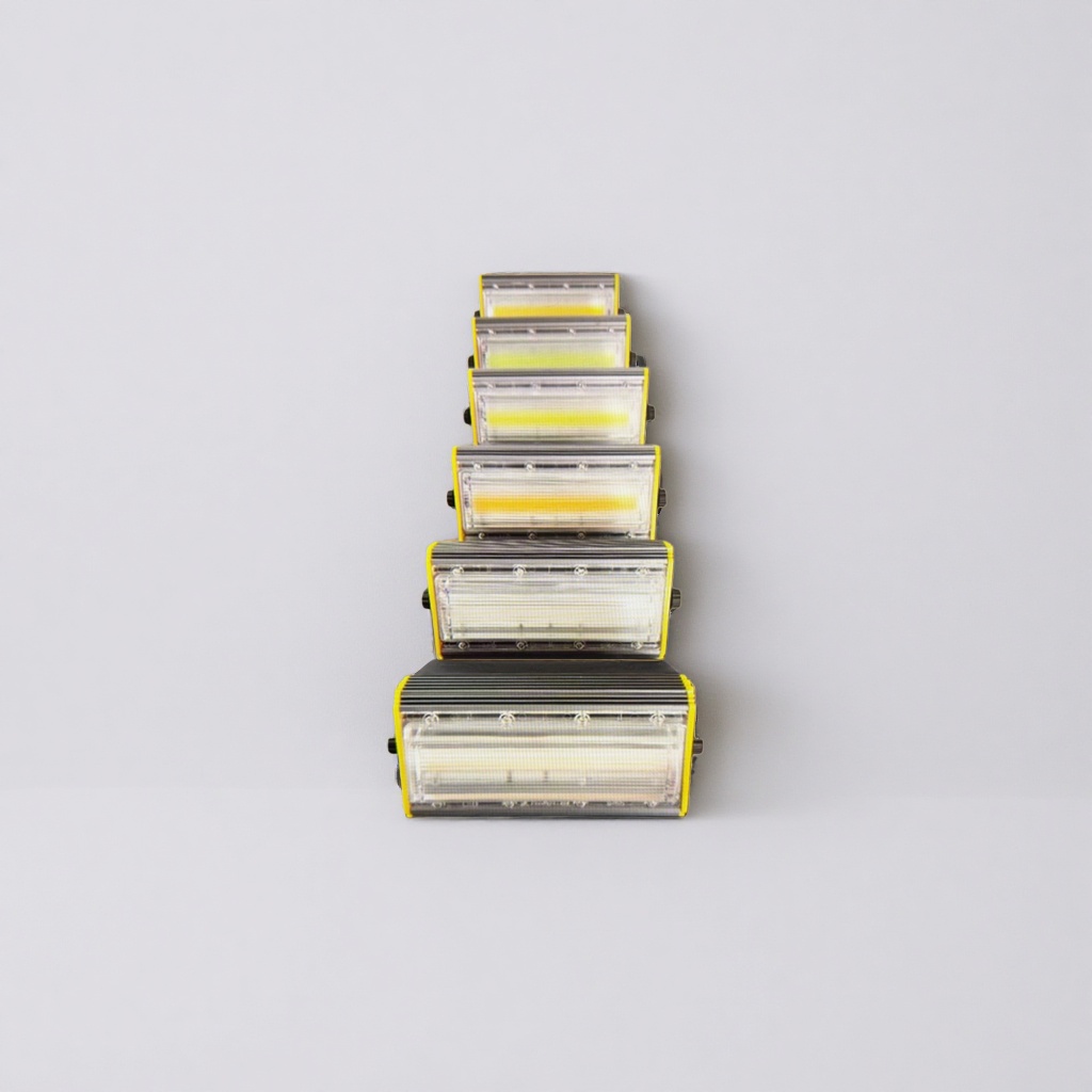 Yellow and black pyramid-shaped LED work light with yellow frame, transparent cover, COB lamp beads and black heat dissipation fins Application Scenario