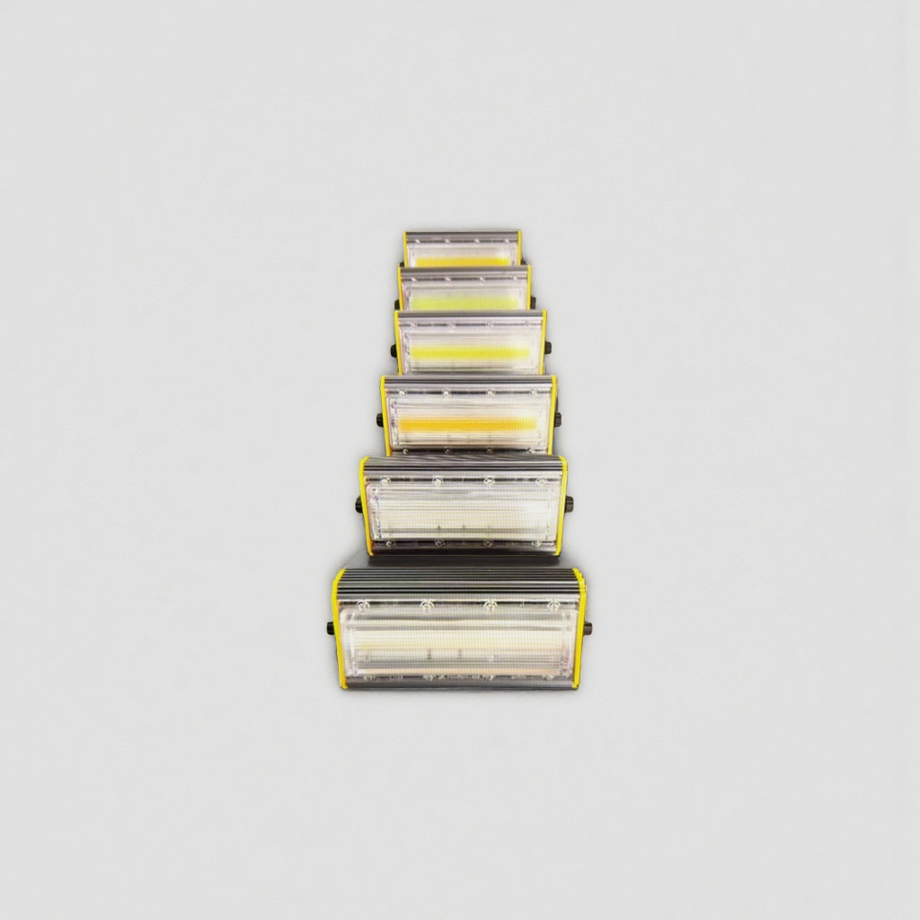 Yellow and black pyramid-shaped LED work light with yellow frame, transparent cover, COB lamp beads and black heat dissipation fins details Picture