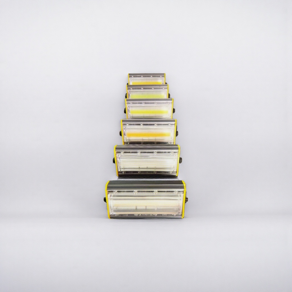Yellow and black pyramid-shaped LED work light with yellow frame, transparent cover, COB lamp beads and black heat dissipation fins Specification image