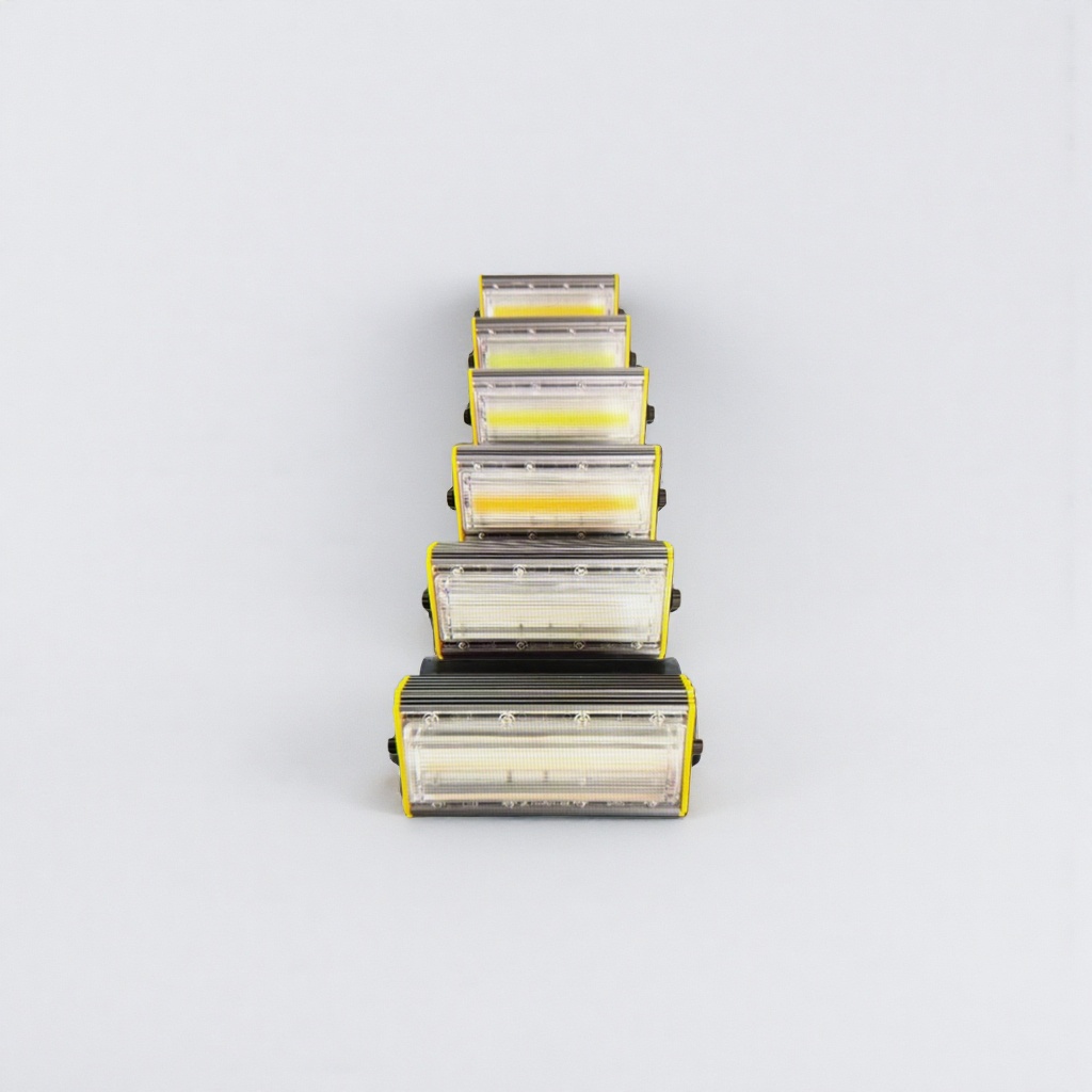 Yellow and black pyramid-shaped LED work light with yellow frame, transparent cover, COB lamp beads and black heat dissipation fins